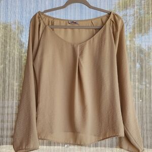 Tan Relaxed V-Neck Blouse with Full Sleeves